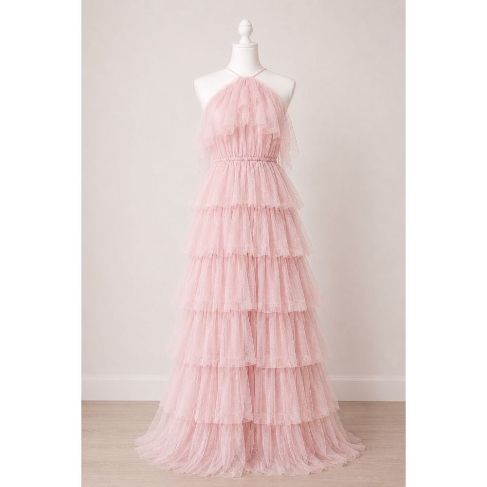 NWT Arula Pink & Silver Speckled Glitter Halted Tulle Tiered Maxi Dress XL Women